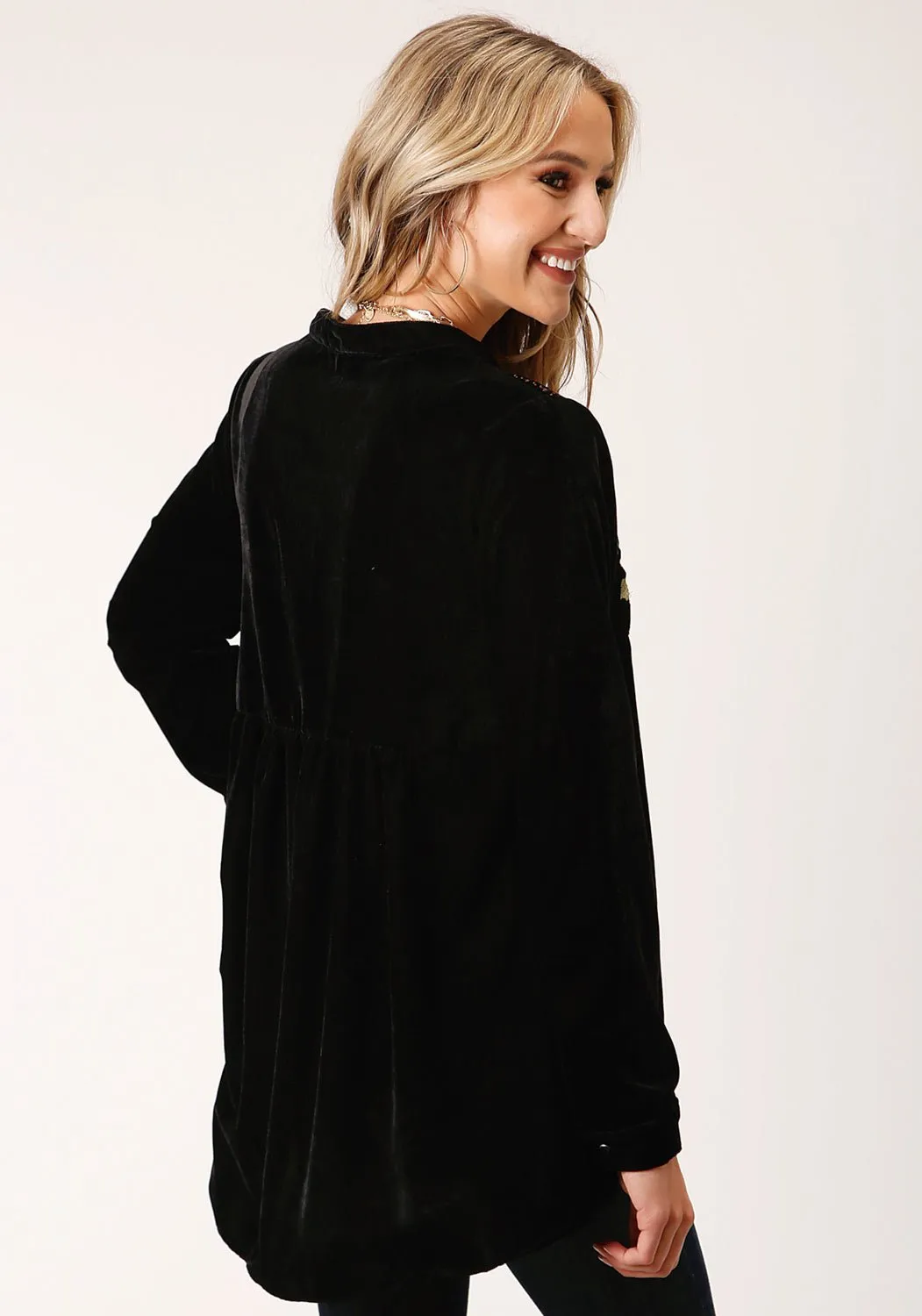Roper Womens 1421 Floral Velvet Black 100% Polyester L/S Tunic Elegant Finish Embroidered Detail
