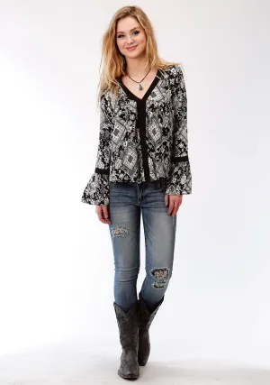 Odor Resistant Roper Poet Womens Black Rayon/Nylon Diamond Floral L/S Blouse Roper Poet Womens Black Rayon/Nylon Diamond Floral L/S Blouse Midweight Textile Lightweight texture