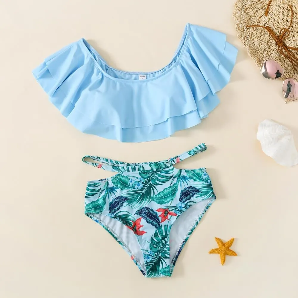 Off-shoulder Flounce Plants Print Family Matching Swimsuits With Baby
