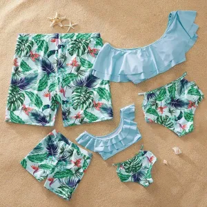 Off-shoulder Flounce Plants Print Family Matching Swimsuits With Baby