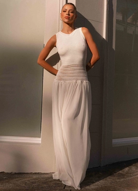 Off Grid Crochet Maxi Dress - White Sleek Tailoring Dreamy Layers Off Grid Crochet Maxi Dress - White