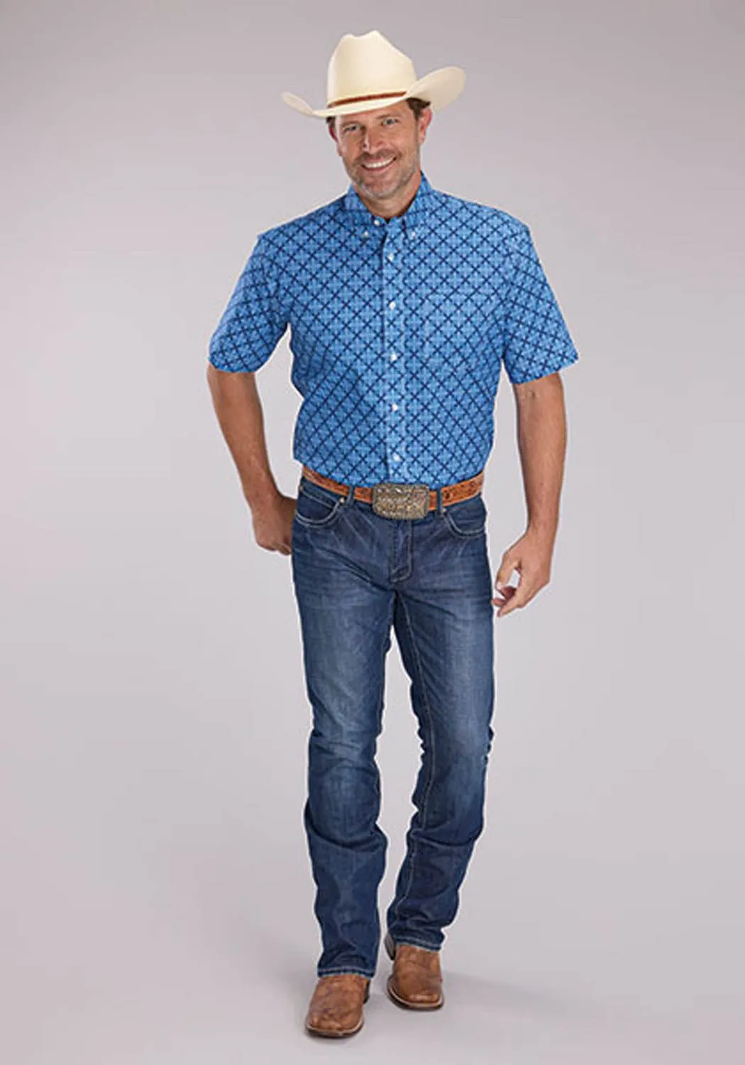 No Slip Shoulder Grip tailored look Roper Mens 2497 Ribbon Medallion Blue 100% Cotton 1 Pkt S/S Shirt