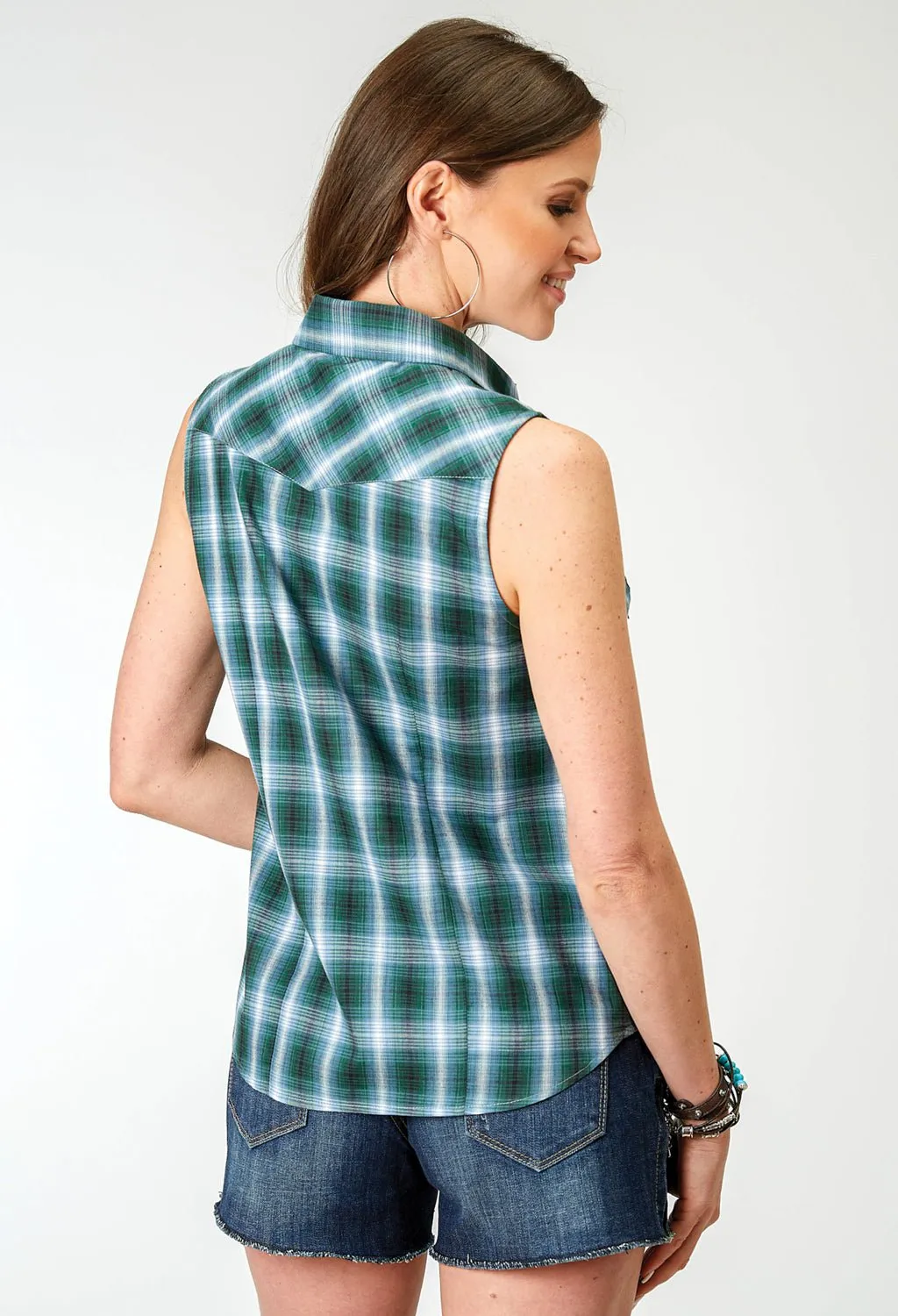 Year-Round Wear Holiday Outfit Roper Womens 1967 Ocean Plaid Blue Cotton Blend S/L Shirt
