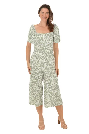 Olive Floral Square Neck Jumpsuit Chic evening wear Art Event Quilted-Texture Olive Floral Square Neck Jumpsuit