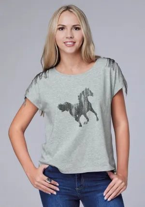 ombre color Roper Womens Black Mustang Grey Cotton Blend S/S T-Shirt Roper Womens Black Mustang Grey Cotton Blend S/S T-Shirt Laser Cut Edge Detail Embellished Neckline