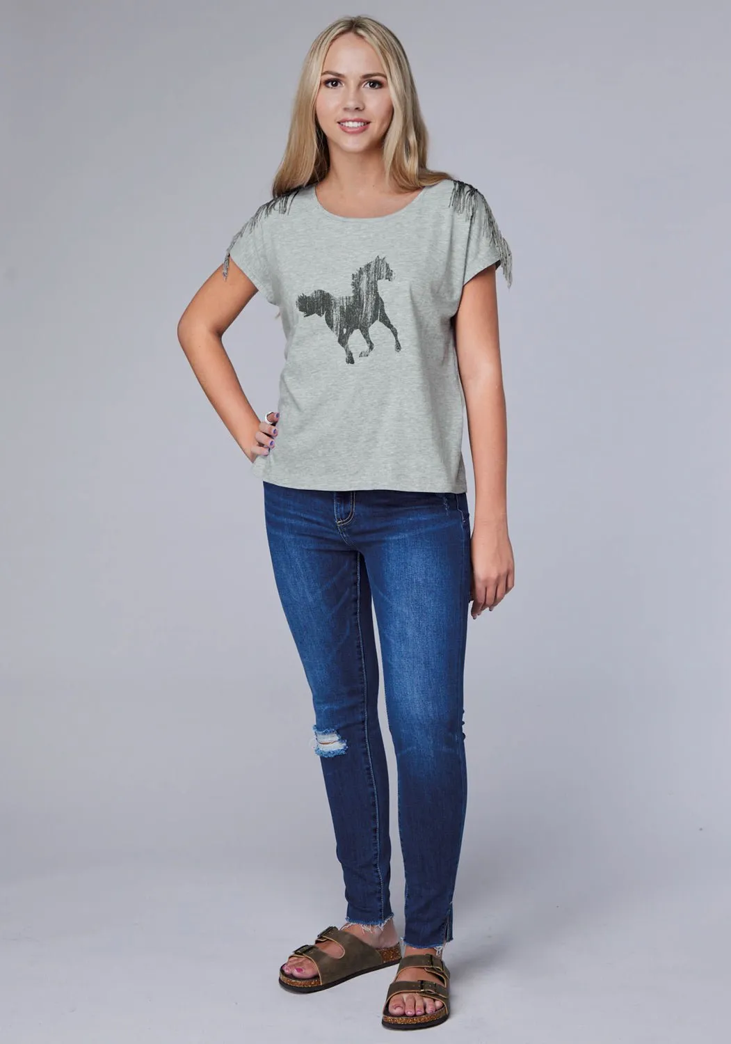Roper Womens Black Mustang Grey Cotton Blend S/S T-Shirt Lightweight Comfort