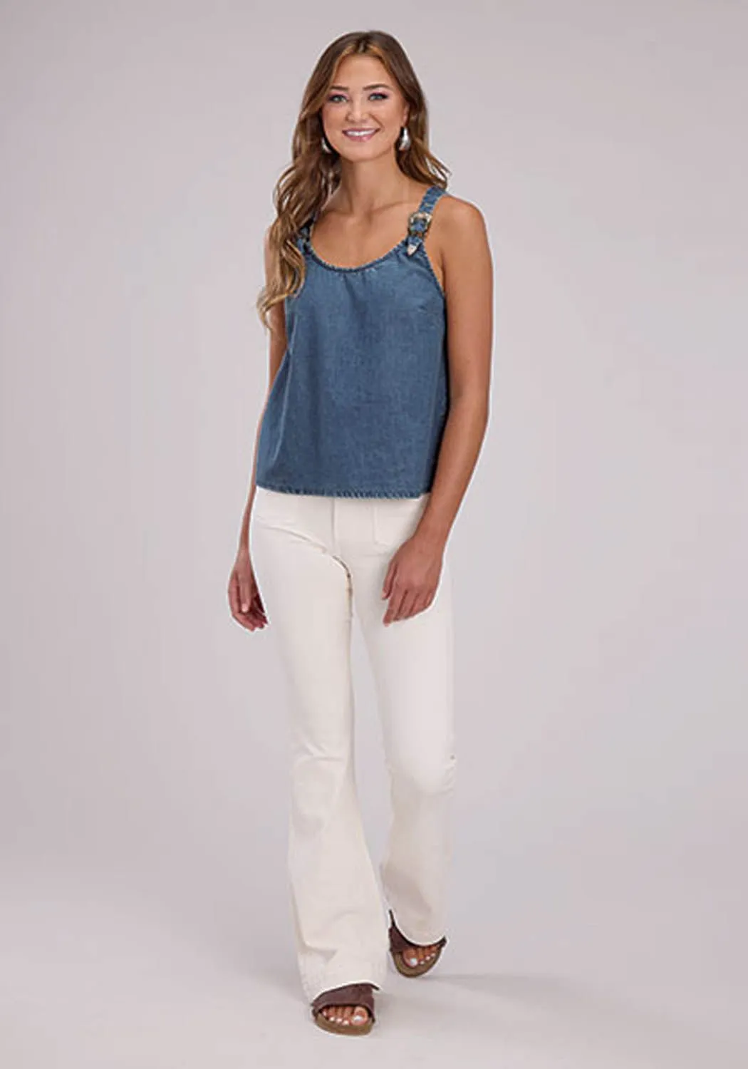Roper Womens Belt Buckle Strap Denim Blue 100% Cotton S/L Tank Top Anti Static Lining