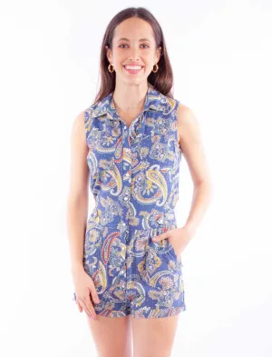 On The Move Scully Womens Paisley Print Blue 100% Rayon S/L Romper Scully Womens Paisley Print Blue 100% Rayon S/L Romper Utility Fit