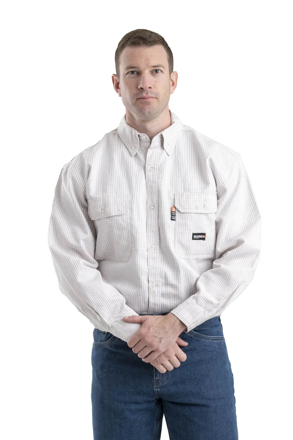 Smooth Seam Finish Berne Mens Khaki 100% Cotton FR Button Down Workshirt L/S