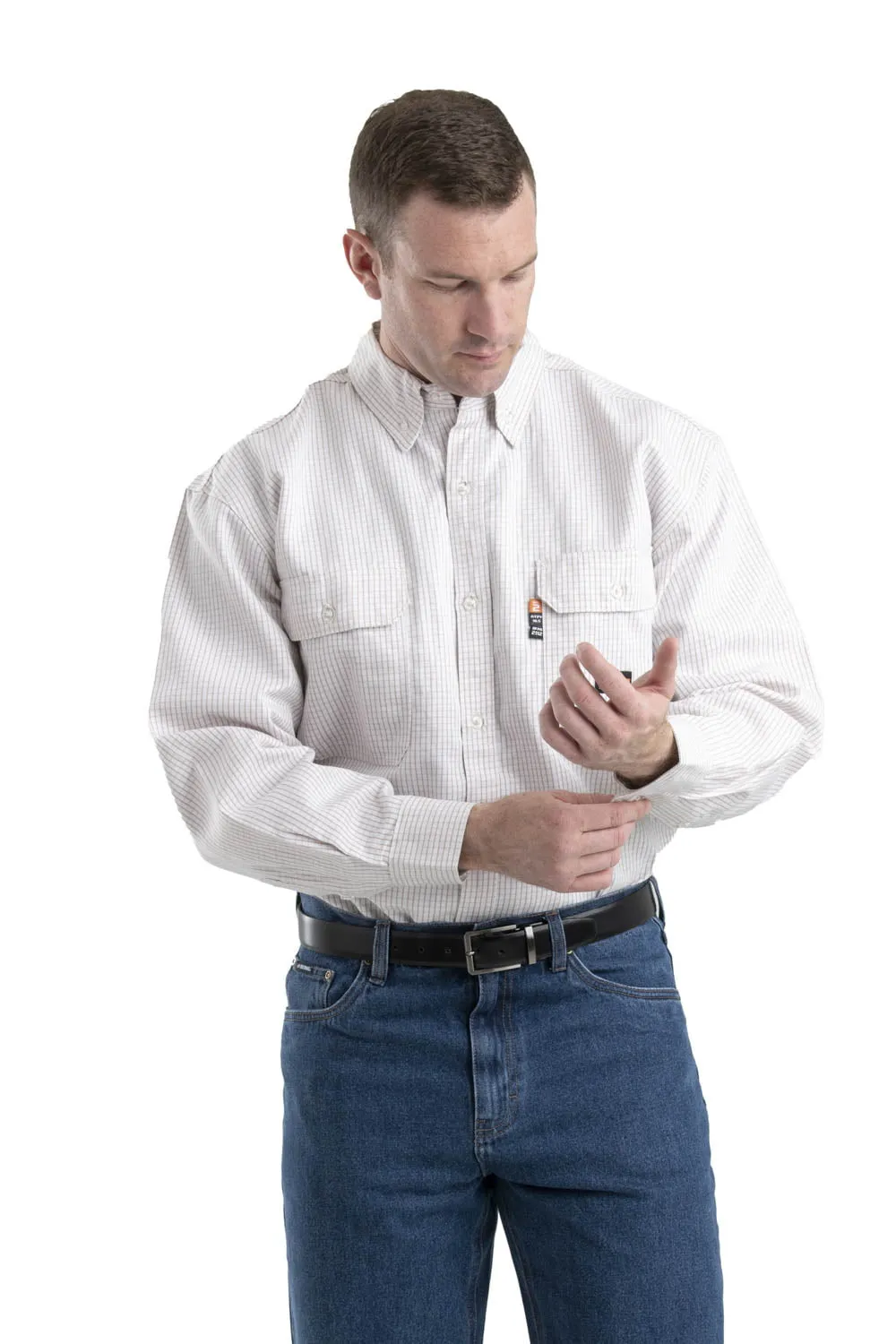 Breathable back panel Berne Mens Khaki 100% Cotton FR Button Down Workshirt L/S