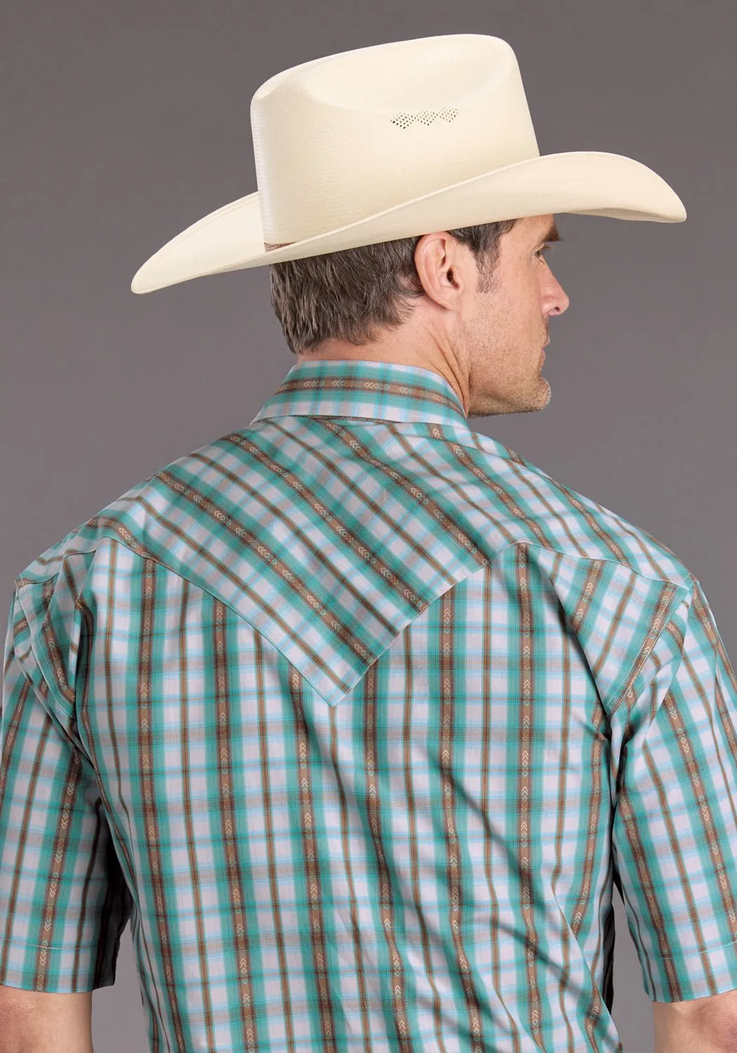 Tropical theme Versatile Look Stetson Mens 2397 Vintage Plaid Turquoise 100% Cotton S/S Shirt