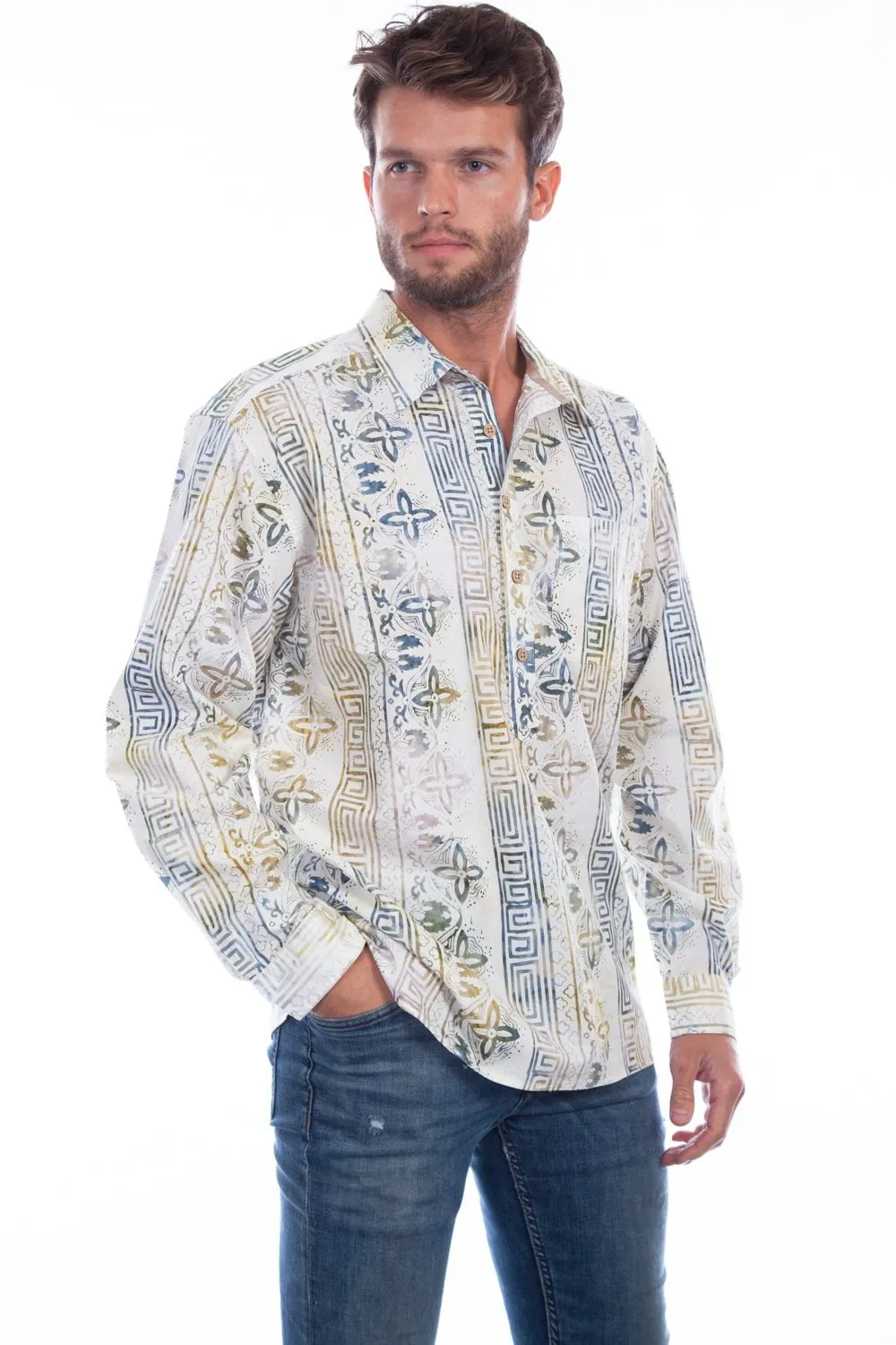 Scully Mens Tiki 100% Cotton Batik Popover L/S Shirt Chic Ensemble Smooth zipper closure