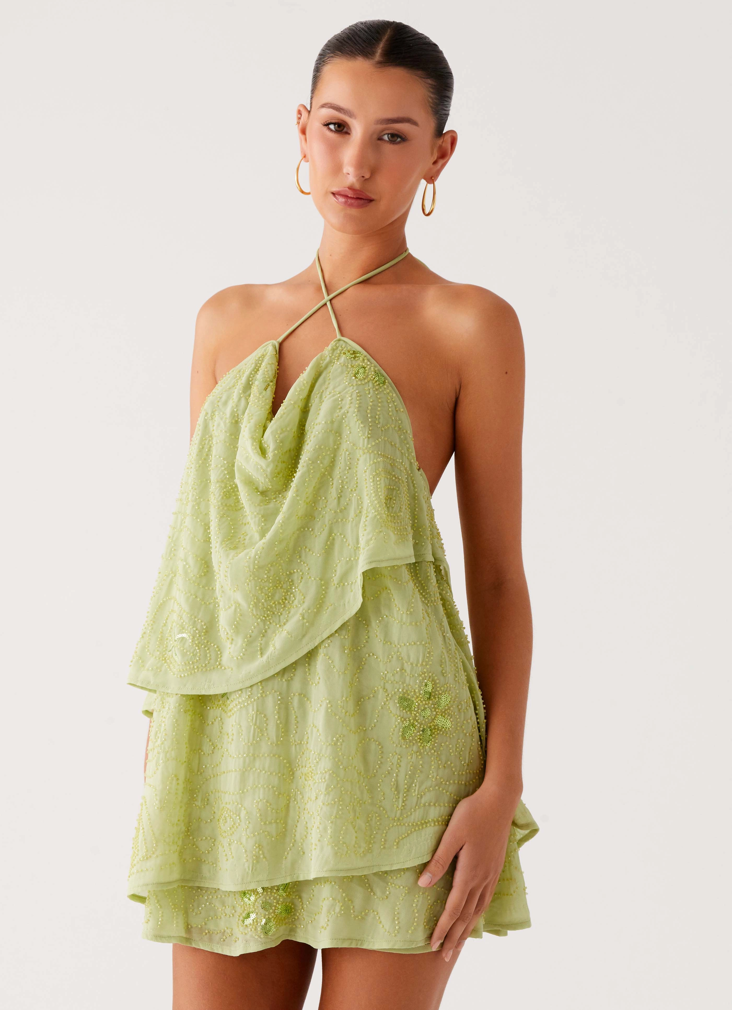 Magnetic-Closure On The Go Beaded Mini Dress - Mint