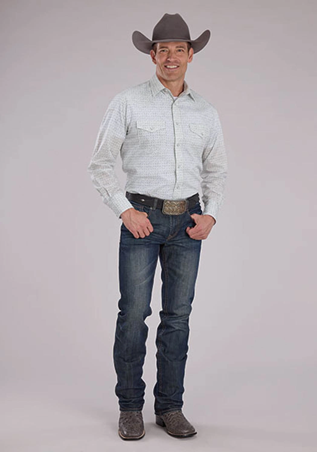 Roper Mens 2481 Floral Print Grey Cotton Blend L/S Shirt Layered Sleeve Cuffs