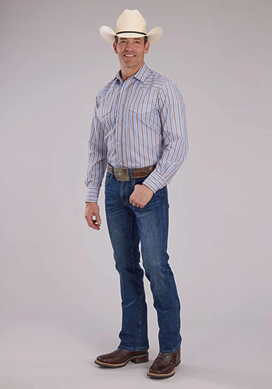 decorative element Eco-Friendly Fabric Roper Mens 2476 Western Stripe Brown/Blue Cotton Blend L/S Shirt