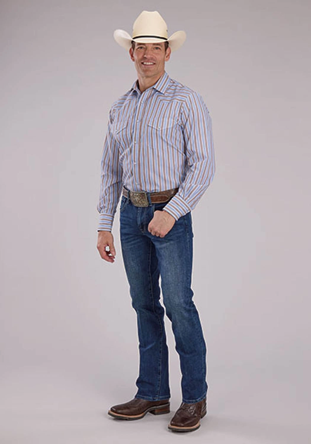 Roper Mens 2476 Western Stripe Brown/Blue Cotton Blend L/S Shirt Warm Weather Wear