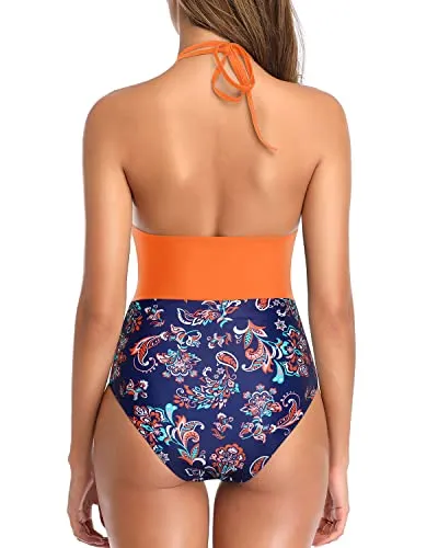 One Piece Swimsuit Women Tummy Control Halter Sexy Plunge V Neck Swimwear-Orange And Blue