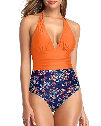 One Piece Swimsuit Women Tummy Control Halter Sexy Plunge V Neck Swimwear-Orange And Blue