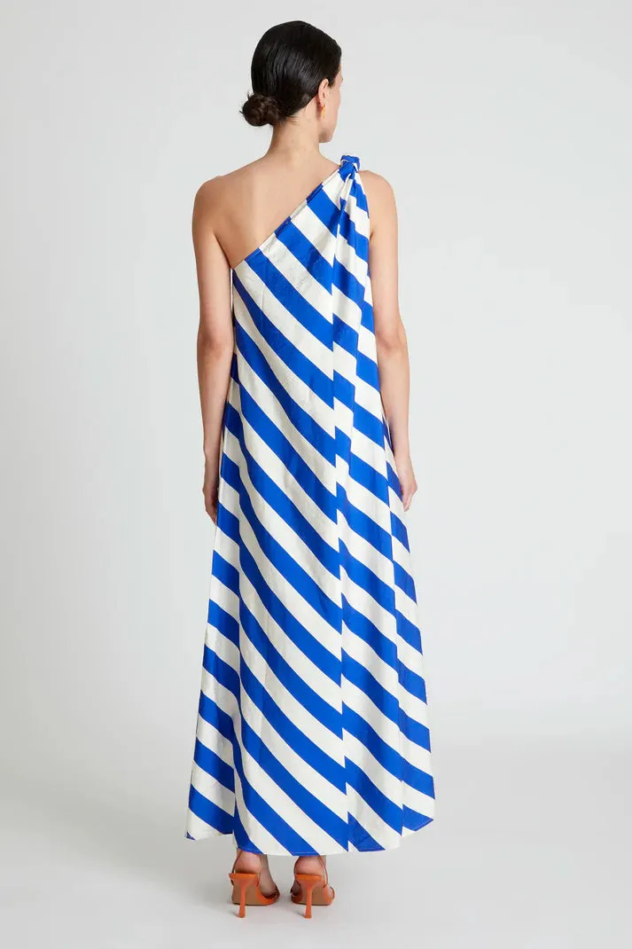 One Shoulder Maxi Dress in Blue and White Stripe Natural Wrap