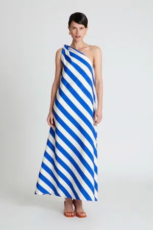 One Shoulder Maxi Dress in Blue and White Stripe Effortless Layers WrinkleResistantFinish One Shoulder Maxi Dress in Blue and White Stripe