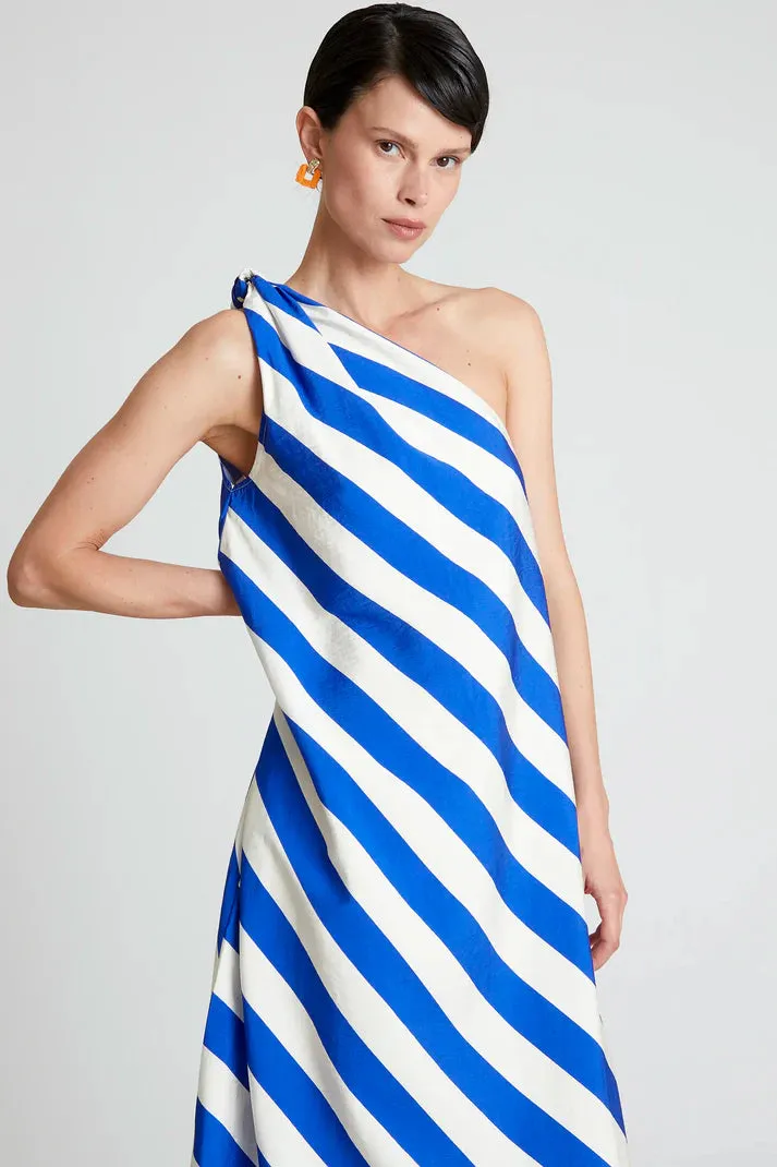 One Shoulder Maxi Dress in Blue and White Stripe Subtle design Sunset Glow