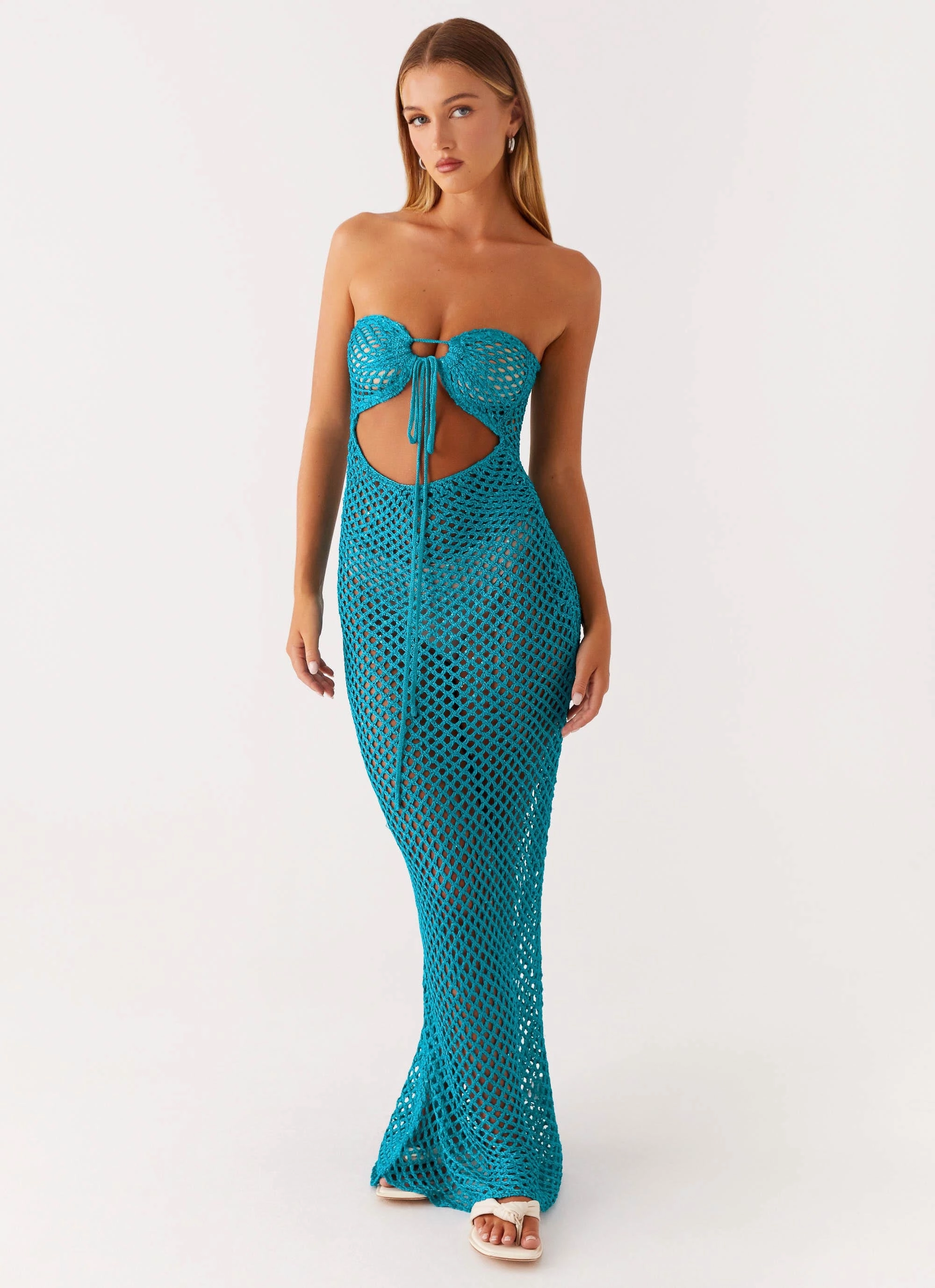 Warm Season Fashion Daily Sun Kissed Crochet Maxi Dress - Blue