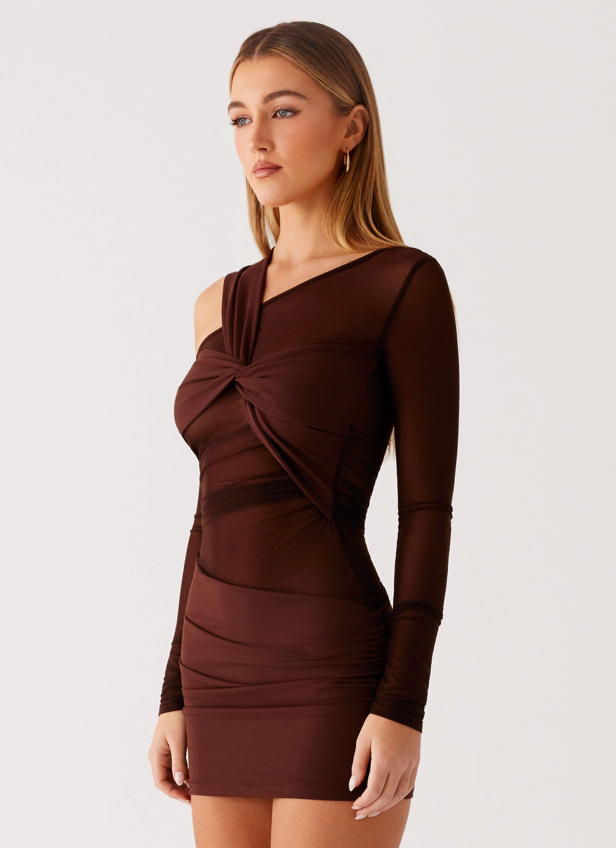 Luxury Feel Ophelie Asymmetric Long Sleeve Mini Dress - Chocolate