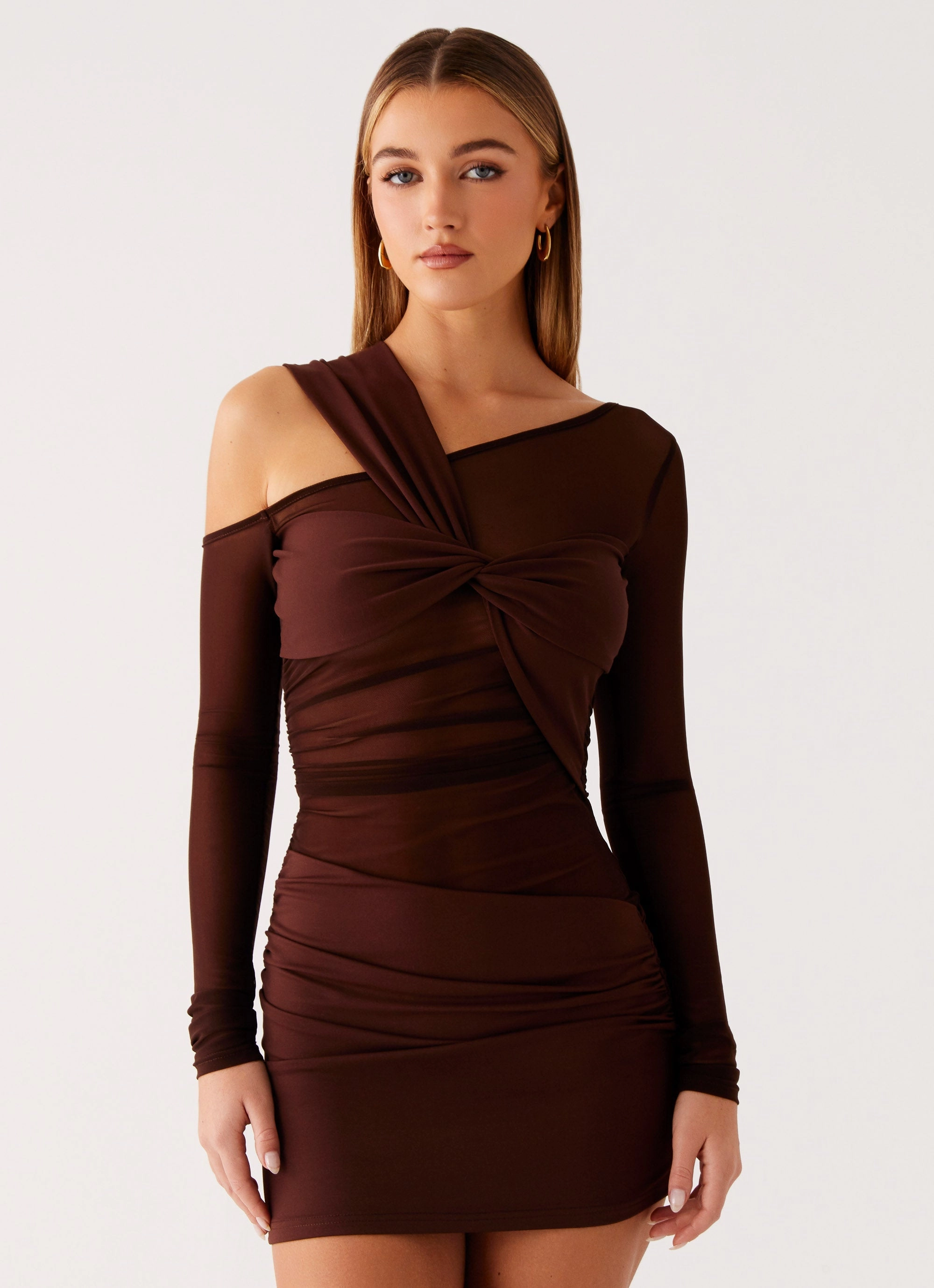 Perfect for Layering Ophelie Asymmetric Long Sleeve Mini Dress - Chocolate