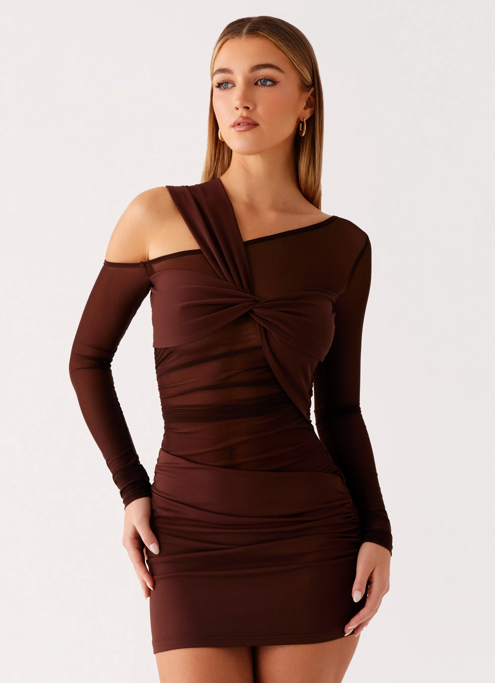 Minimalist Design Ophelie Asymmetric Long Sleeve Mini Dress - Chocolate
