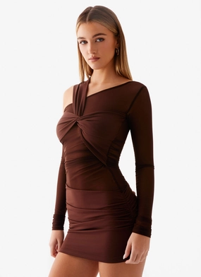 Ophelie Asymmetric Long Sleeve Mini Dress - Chocolate Elegant Apparel Daily Comfort Ophelie Asymmetric Long Sleeve Mini Dress - Chocolate