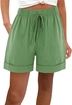 Oplxuo Cotton Linen Shorts for Women Casual Loose Plain Summer Folded Hem Drawstring Elastic Waist Shorts with Pockets