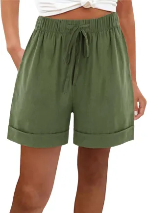 Oplxuo Cotton Linen Shorts for Women Casual Loose Plain Summer Folded Hem Drawstring Elastic Waist Shorts with Pockets