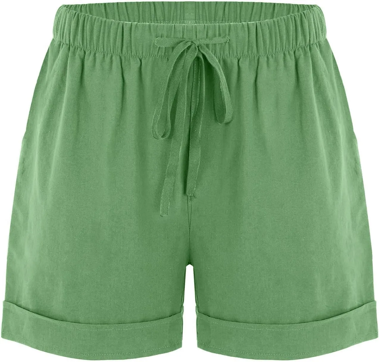 Oplxuo Cotton Linen Shorts for Women Casual Loose Plain Summer Folded Hem Drawstring Elastic Waist Shorts with Pockets