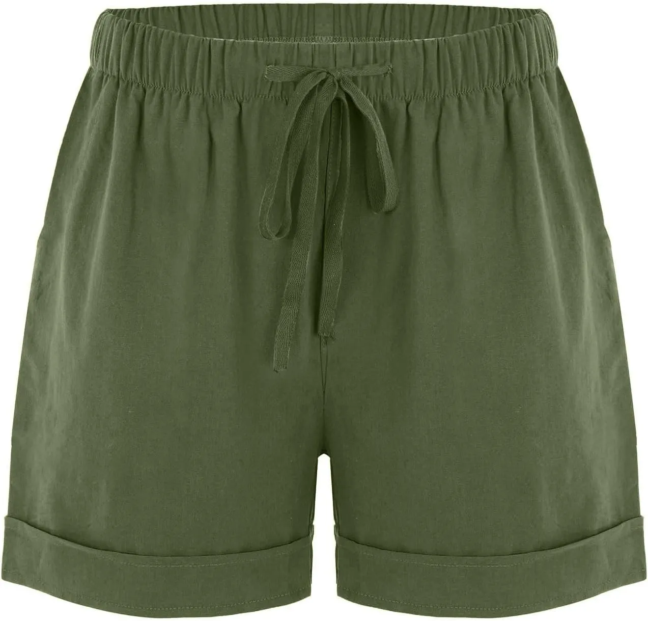Oplxuo Cotton Linen Shorts for Women Casual Loose Plain Summer Folded Hem Drawstring Elastic Waist Shorts with Pockets