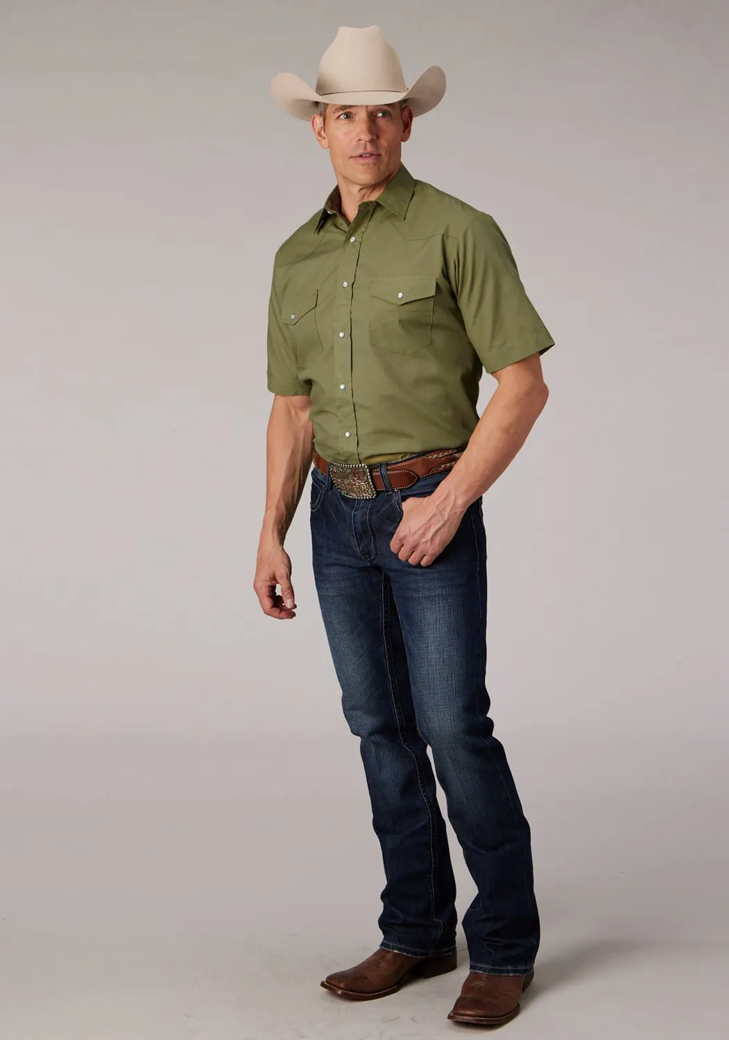 Roper Mens 2070 Broadcloth Elm Cotton Blend S/S Shirt Embroidered Detail Travel-friendly