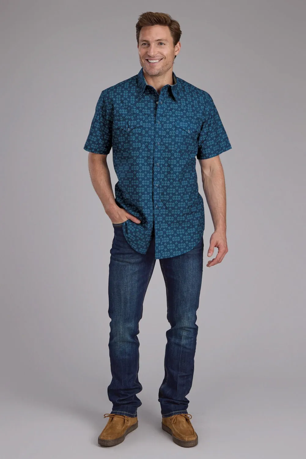 Roper Mens 2350 Diamond Print Blue 100% Cotton S/S Shirt Asymmetrical Cut Stretch Fit Technology