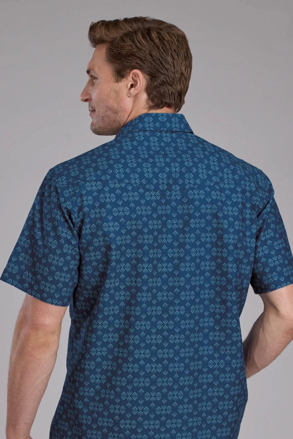 Sports Ready Formal Elegance Roper Mens 2350 Diamond Print Blue 100% Cotton S/S Shirt