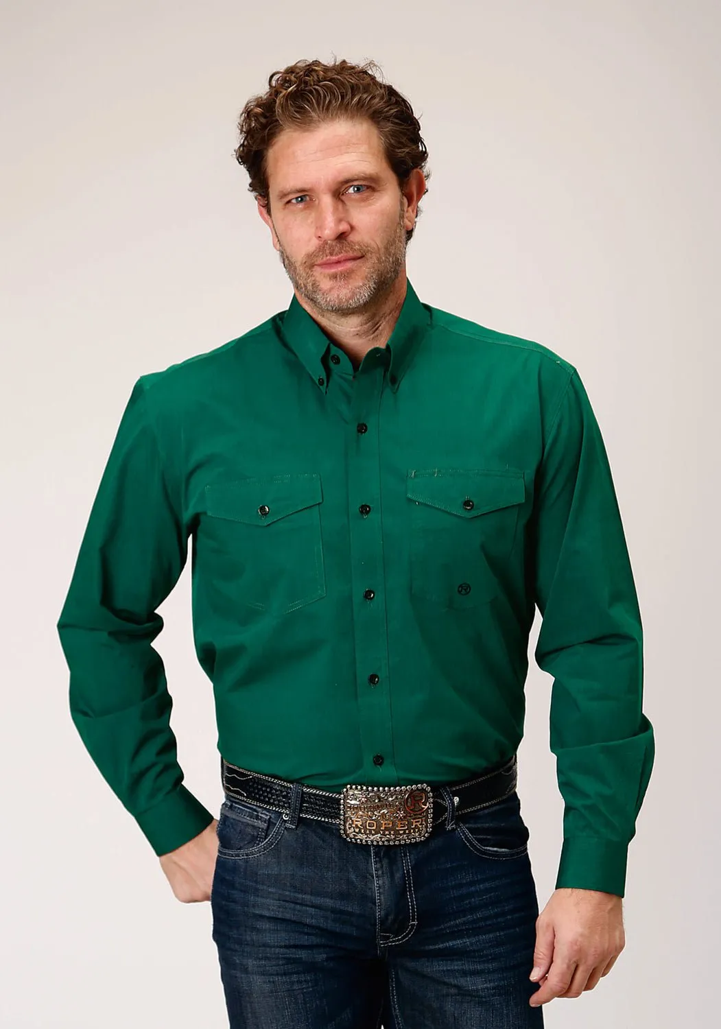 Reinforced Collar Roper Mens Black Fill Solid Green 100% Cotton L/S Shirt