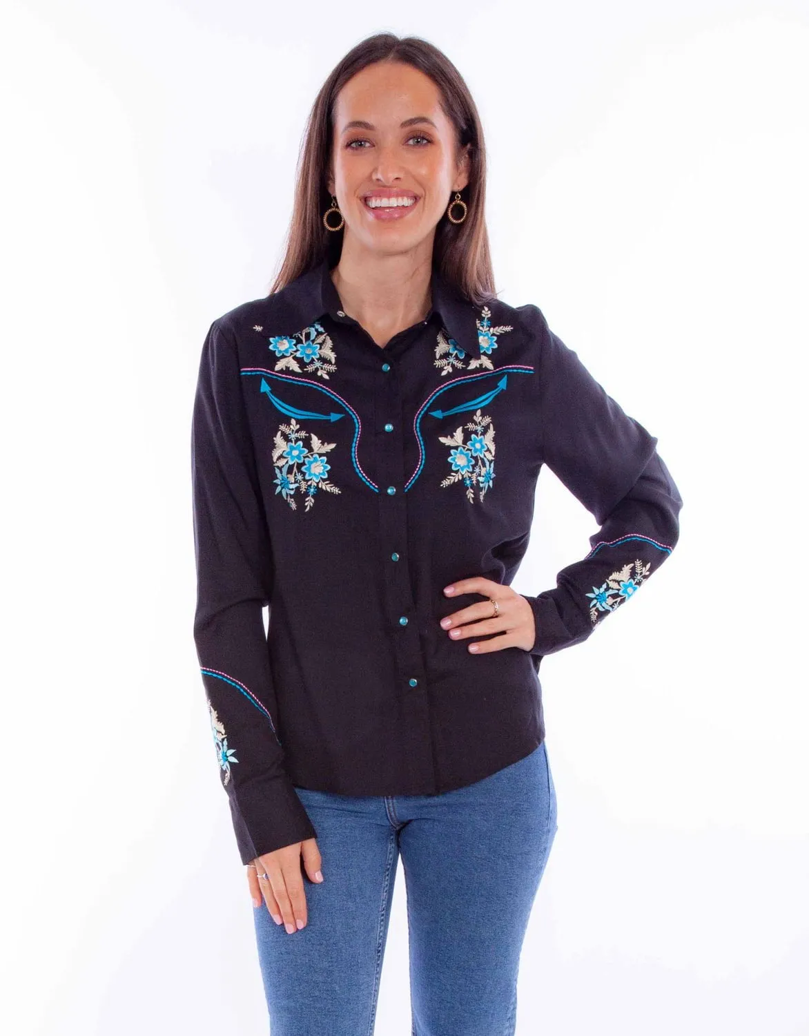 Scully Womens Colorful Floral Black 100% Viscose L/S Blouse Versatile Layering