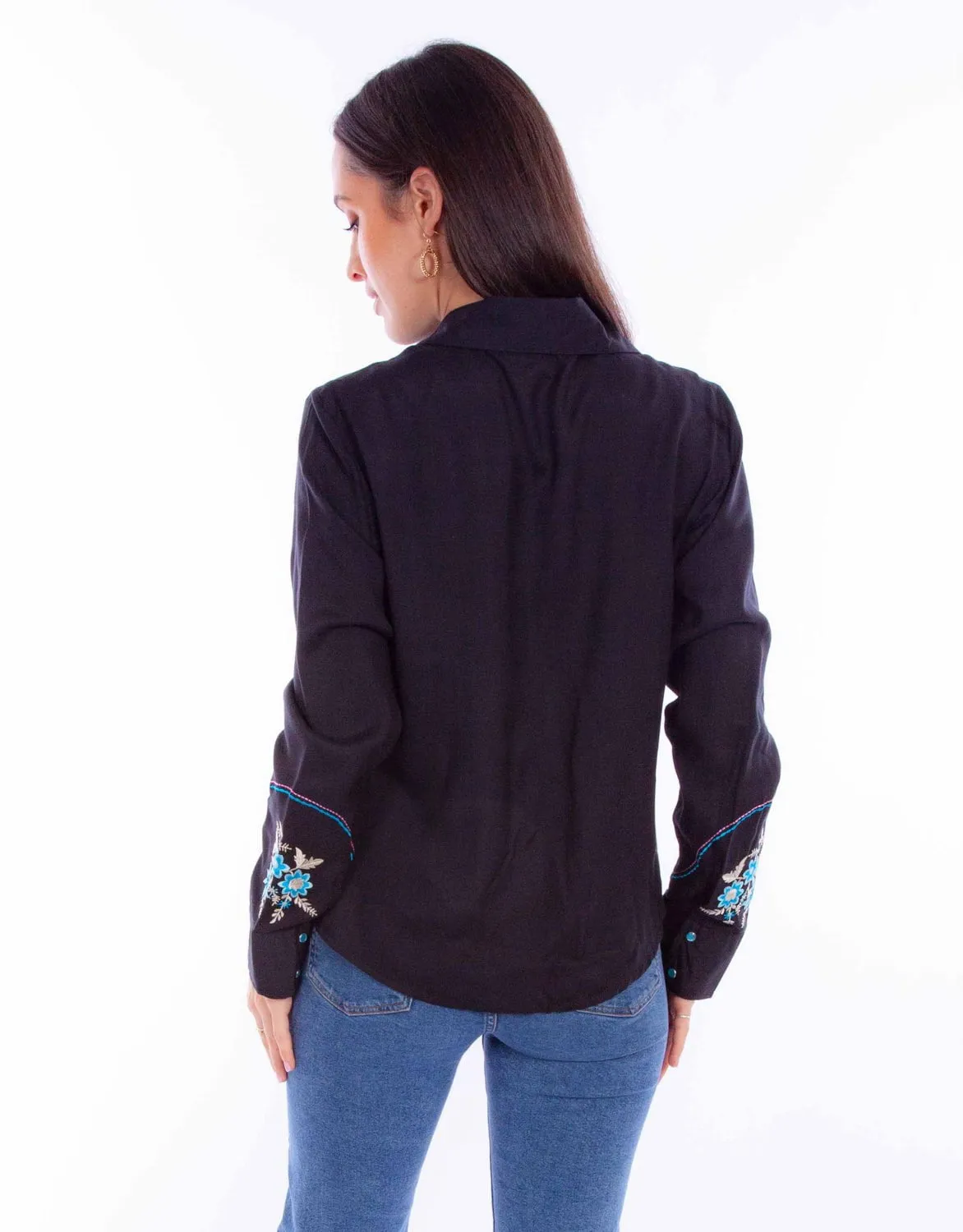 Scully Womens Colorful Floral Black 100% Viscose L/S Blouse Moisture Wicking Material Comfy Wear