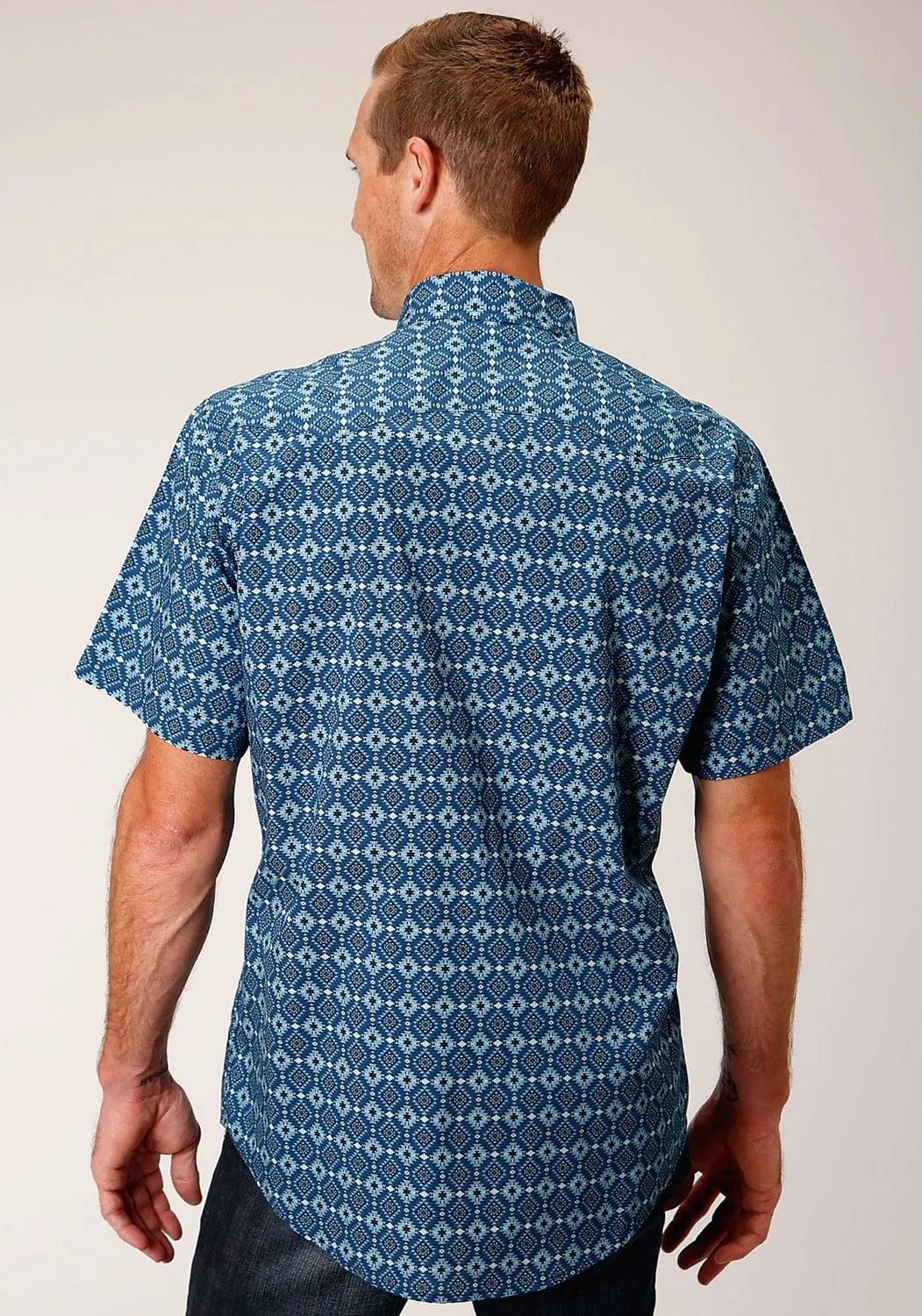 Roper Mens Mini Aztec Blue 100% Cotton S/S Shirt Tagless label