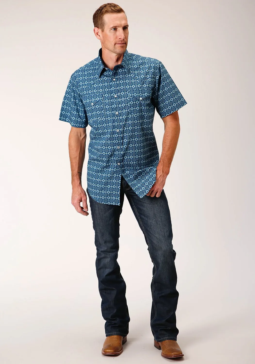 Roper Mens Mini Aztec Blue 100% Cotton S/S Shirt Gender Neutral Stretchable Cloth