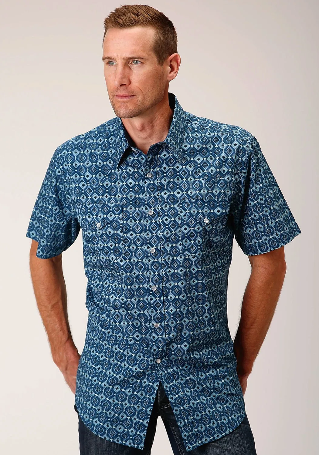 Roper Mens Mini Aztec Blue 100% Cotton S/S Shirt Casual Friday