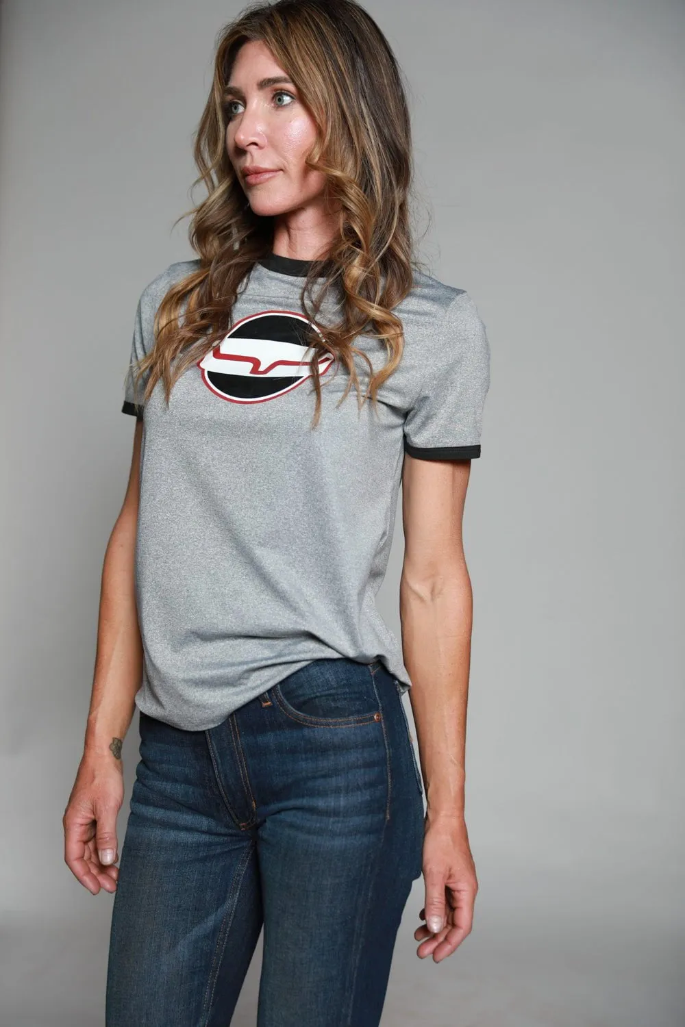 Kimes Ranch Womens Union Made Ringer Tee Grey Polyester S/S T-Shirt Chilly Day Wear Trendy Outfit