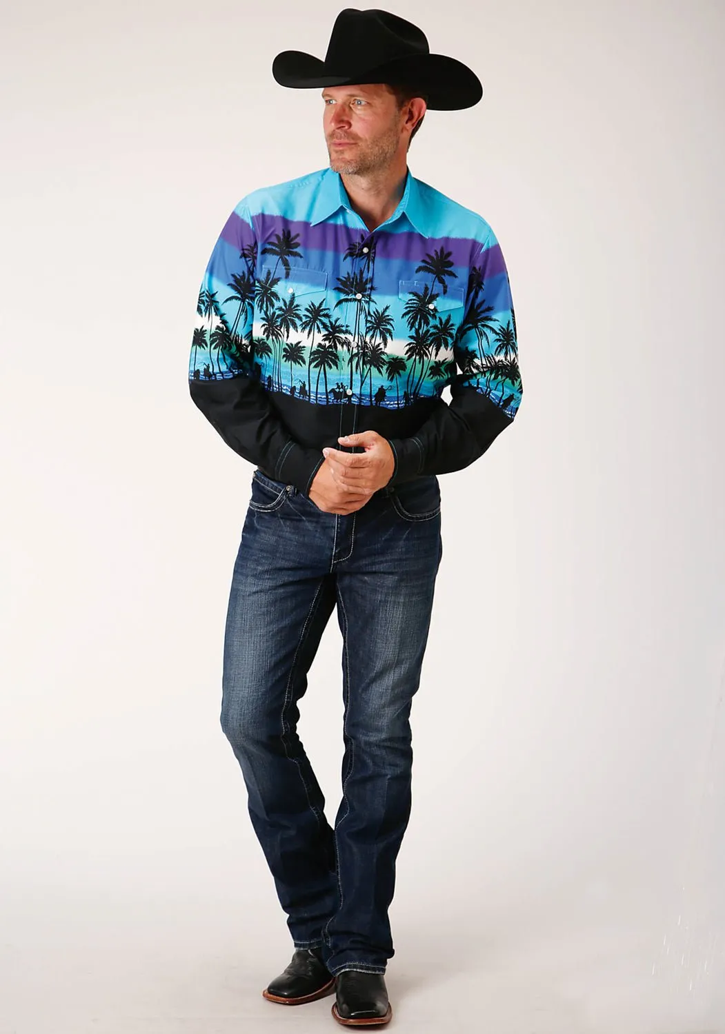 Midweight Textile Roper Mens Blue 100% Cotton Beach Roundup L/S Snap Shirt