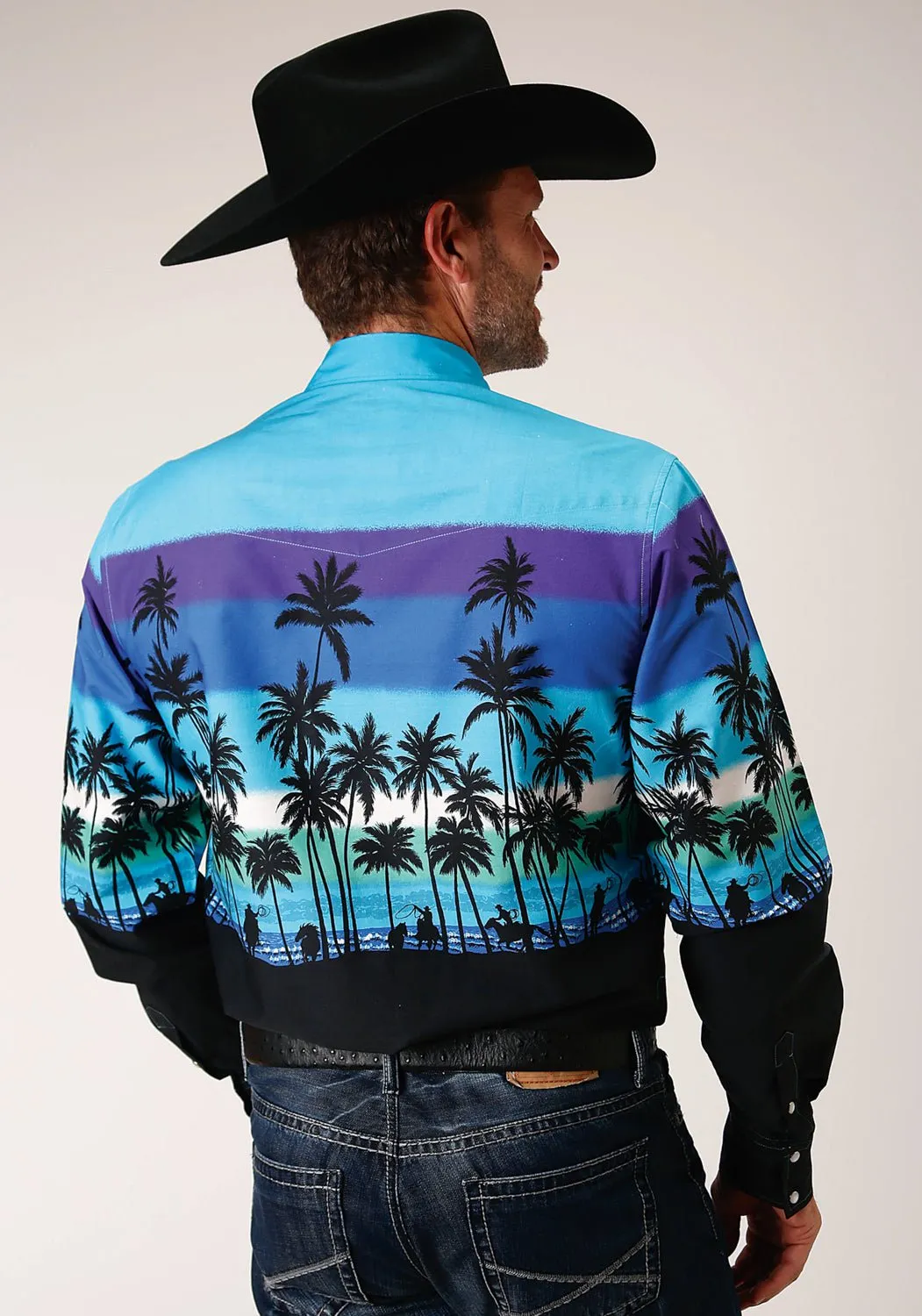 Roper Mens Blue 100% Cotton Beach Roundup L/S Snap Shirt Reinforced Buttonholes