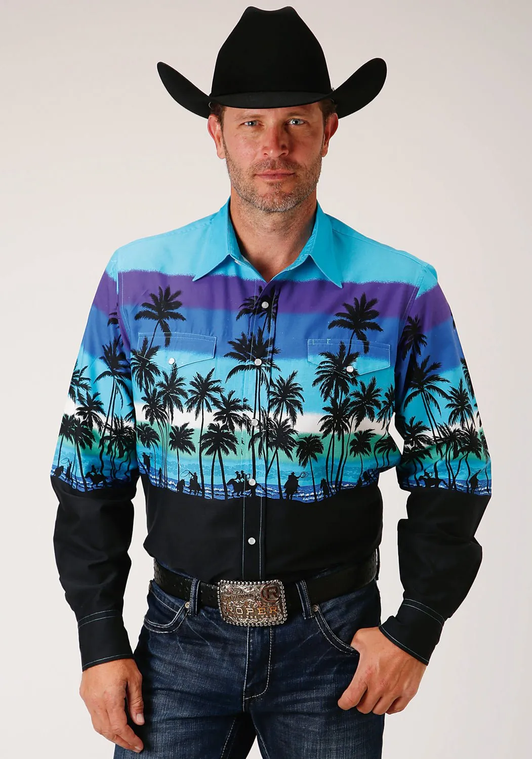Polo Style Roper Mens Blue 100% Cotton Beach Roundup L/S Snap Shirt