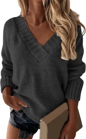 Oversized Sweaters for Women Sexy Deep V Neck Long Sleeve Cable Knit Sweater Loose Jumper Tunic Pullover Tops 2024