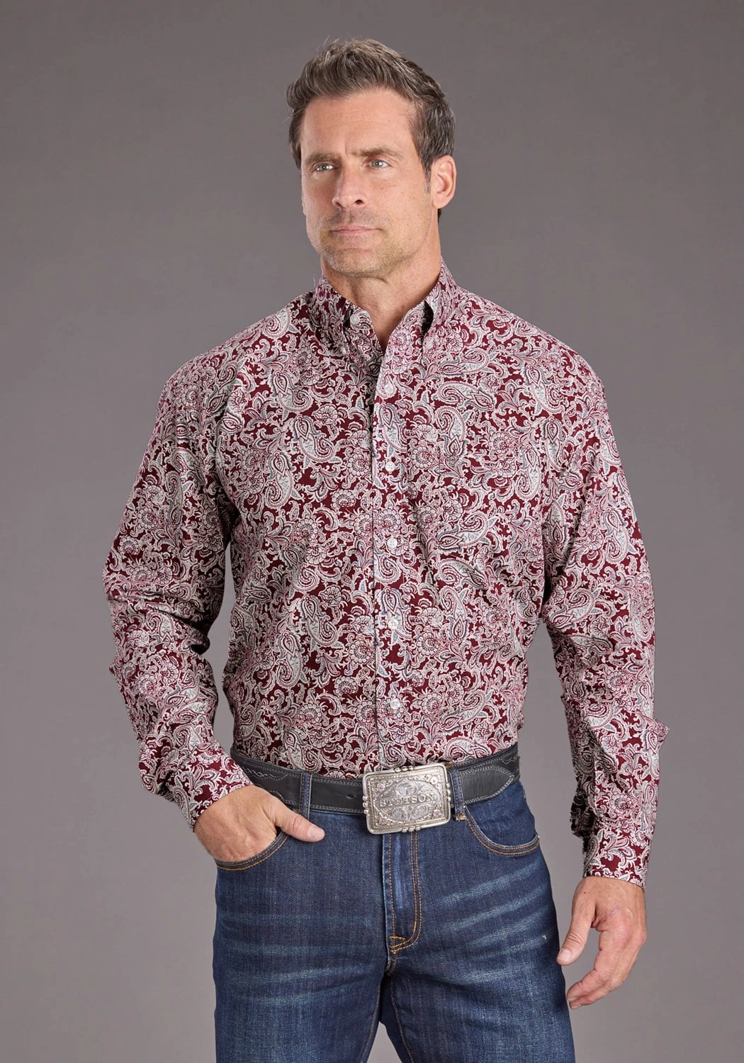 Stetson Mens 2393 Paisley Wine 100% Cotton 1 Pkt L/S Shirt Quick Release Cuffs