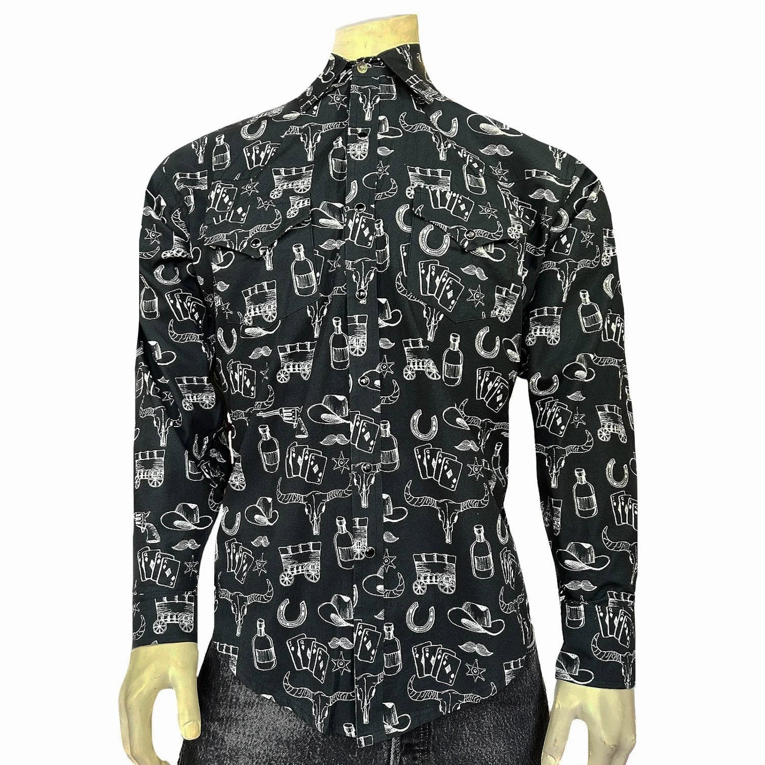 Rockmount Mens Hat and Horseshoe Cards Black 100% Cotton L/S Shirt Checkered Print Essential Wardrobe